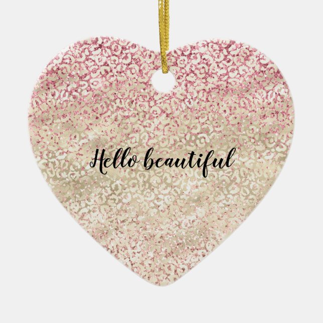 Girly Pink Glitter Glam Gold Leopard Print Ombre Ceramic Ornament (Front)