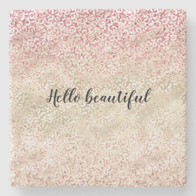 Girly Pink Glitter Glam Gold Leopard Print Ombre Stone Coaster (Front)