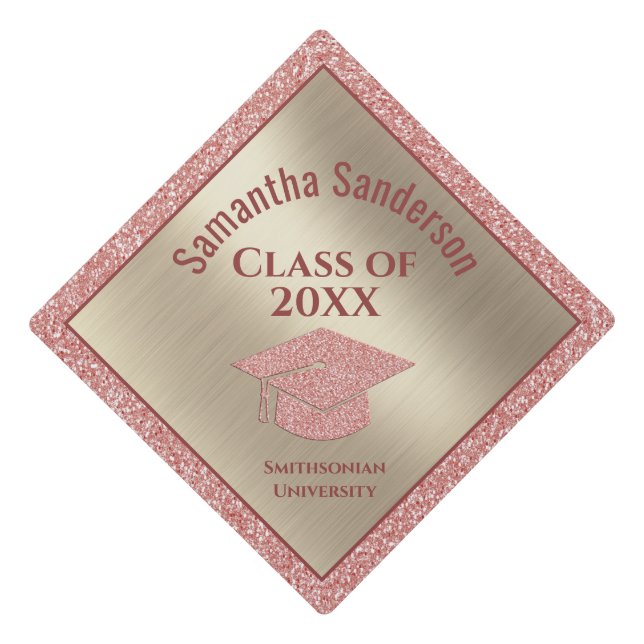 Girly Pink Glitter Gold Class of 2024 Graduation Cap Topper (Front)