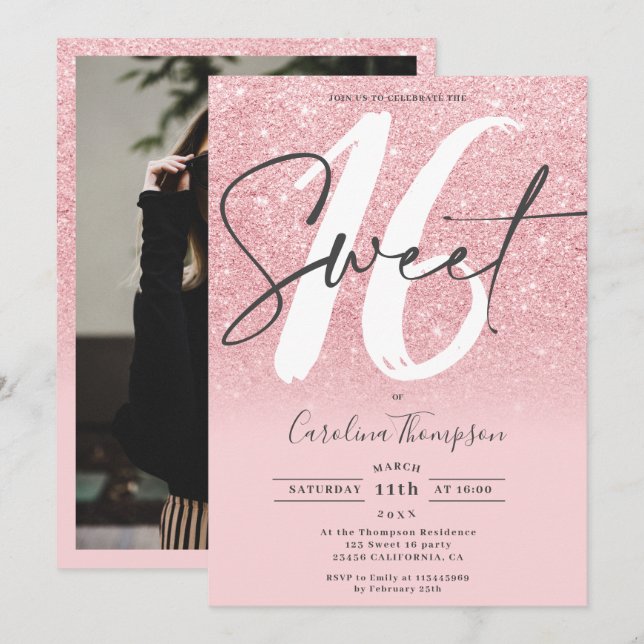 Girly pink glitter gradient chic photo Sweet 16 Invitation (Front/Back)