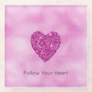 Girly Pink Glitter Heart Glass Coaster