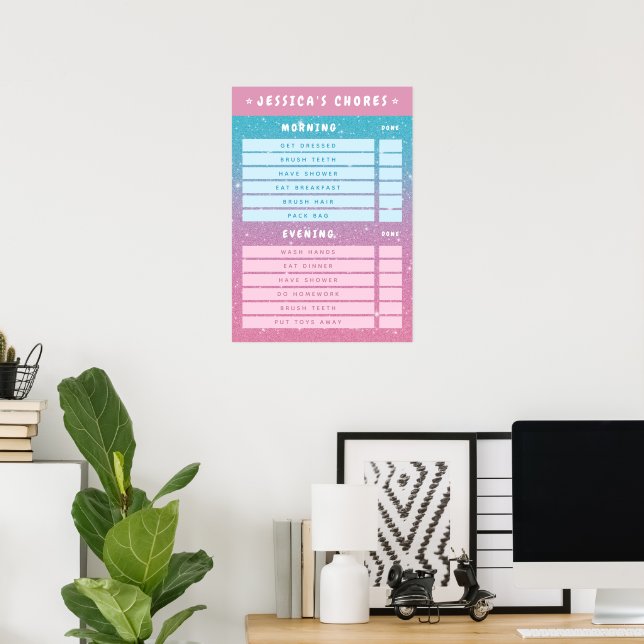 Girly Pink Glitter Kids Dry Erase Daily Chores  Poster (Home Office)
