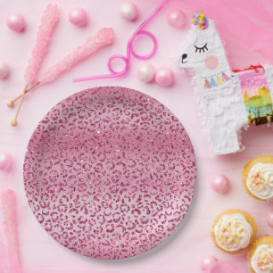 Girly Pink Glitter Leopard Ombre Paper Plate