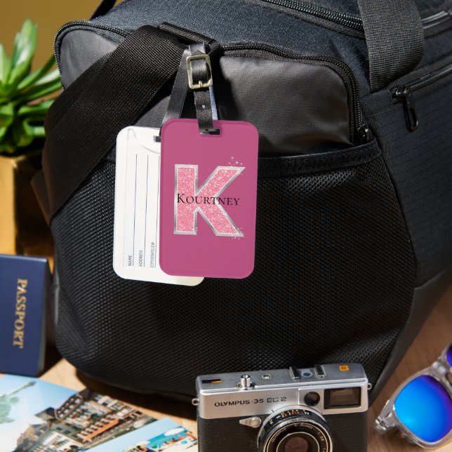 Girly Pink Glitter letter K Luggage Tag (Front & Back)