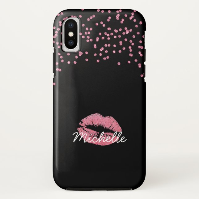 Girly Pink Glitter Lips Monogram Name Case-Mate iPhone Case (Back)