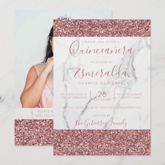 Girly Pink Glitter Marble Quinceanera Photo Invitation (Front/Back)