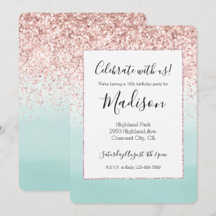 Girly Pink Glitter Mint Ombre Watercolor Invitation