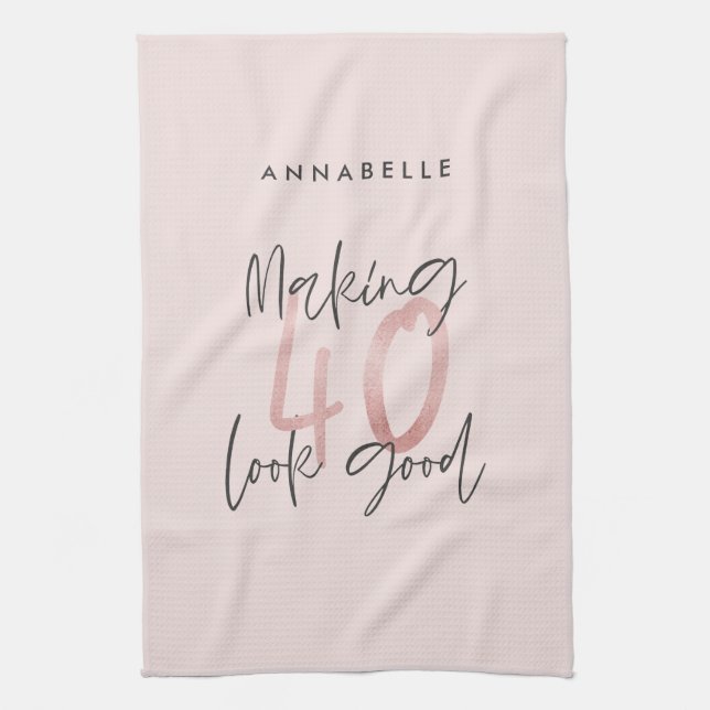 Girly pink glitter modern stylish 40th birthday  kitchen towel (Vertical)