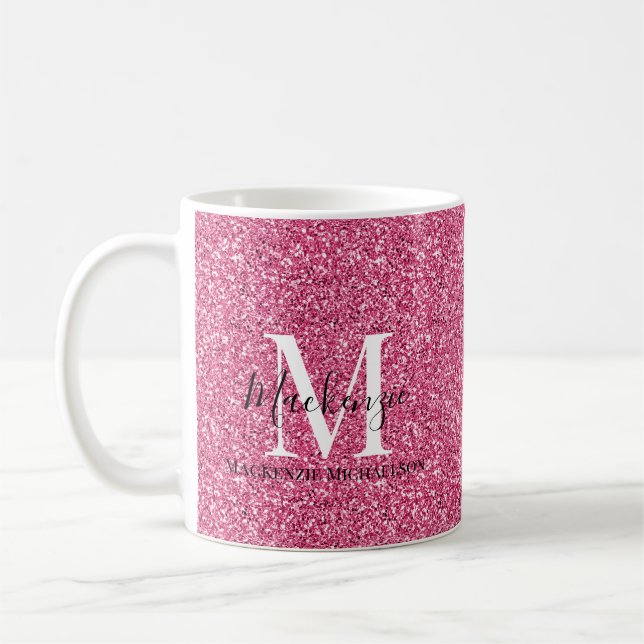 Girly Pink Glitter Monogram Name  Coffee Mug (Left)