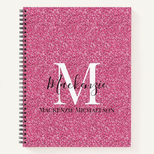 Girly Pink Glitter Monogram Name Notebook (Front)