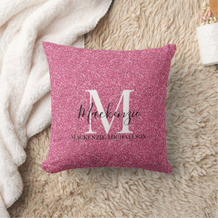 Girly Pink Glitter Monogram Name Throw Pillow