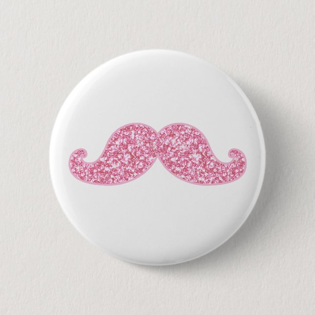 GIRLY PINK GLITTER MUSTACHE PRINTED 2 INCH ROUND BUTTON (Front)