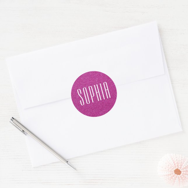 Girly Pink Glitter Name Cute Sparkle Classic Round Sticker (Envelope)