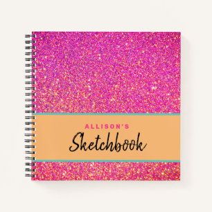 Girly Pink Glitter Script Personalized Sketchbook Notebook