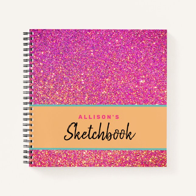 Girly Pink Glitter Script Personalized Sketchbook Notebook (Front)