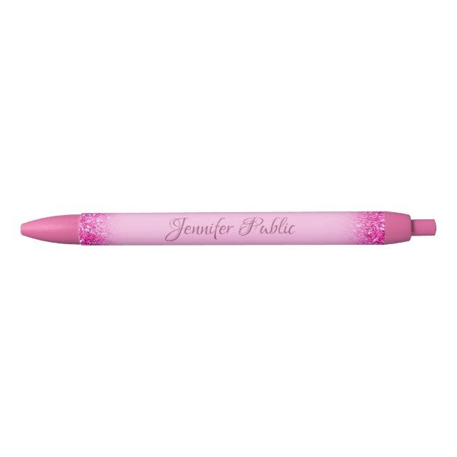 Girly Pink Glitter Shiny Personalized Script Name Black Ink Pen (Front)