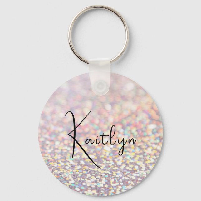 Girly Pink Glitter Sparkle Personalized Name Keychain (Front)
