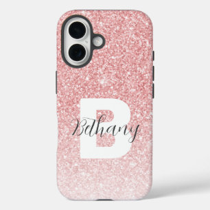 Girly Pink Glitter Sparkles Monogram Script Name iPhone 16 Case