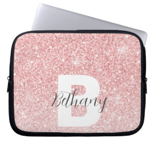 Girly Pink Glitter Sparkles Monogram Script Name Laptop Sleeve