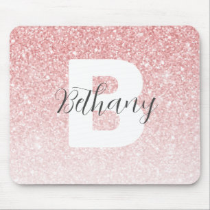 Girly Pink Glitter Sparkles Monogram Script Name Mouse Pad