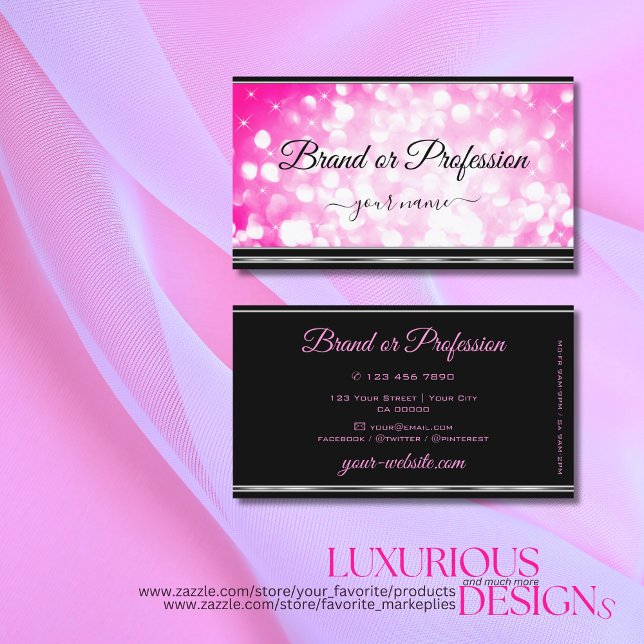 Girly Pink Glitter Stars Black and Silver Border Business Card (Creator Uploaded)