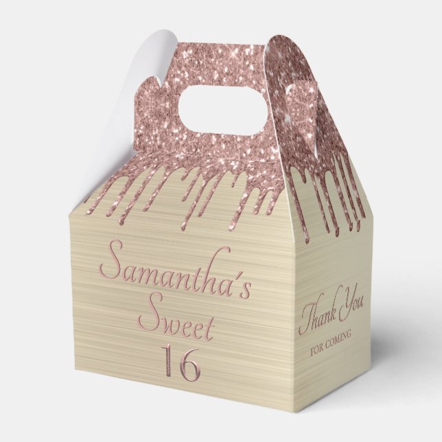 Girly Pink Glitter Sweet 16 Birthday Thank You Favor Box (Front Side)
