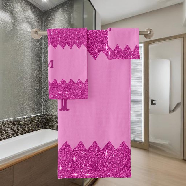 Girly pink glitter zigzag, monogram bath towel set (Creator Uploaded)