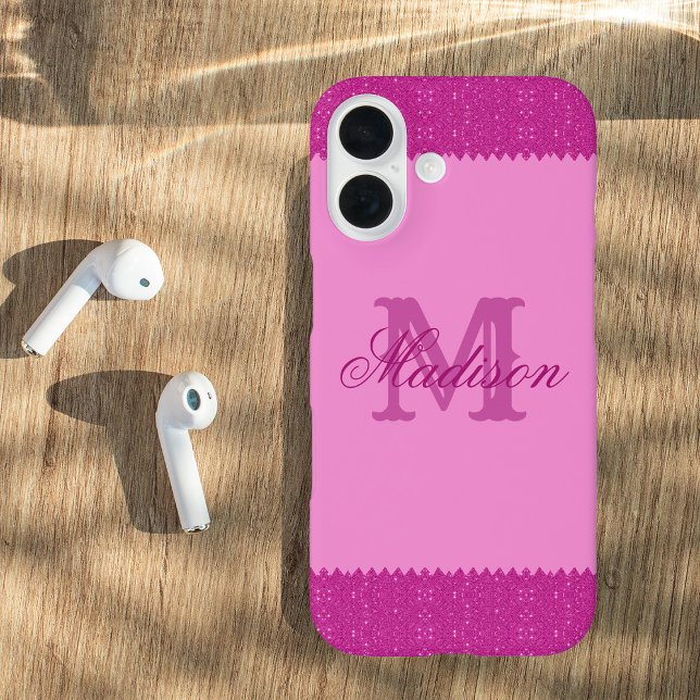 Girly pink glitter zigzag, monogram Case-Mate iPhone case (Creator Uploaded)