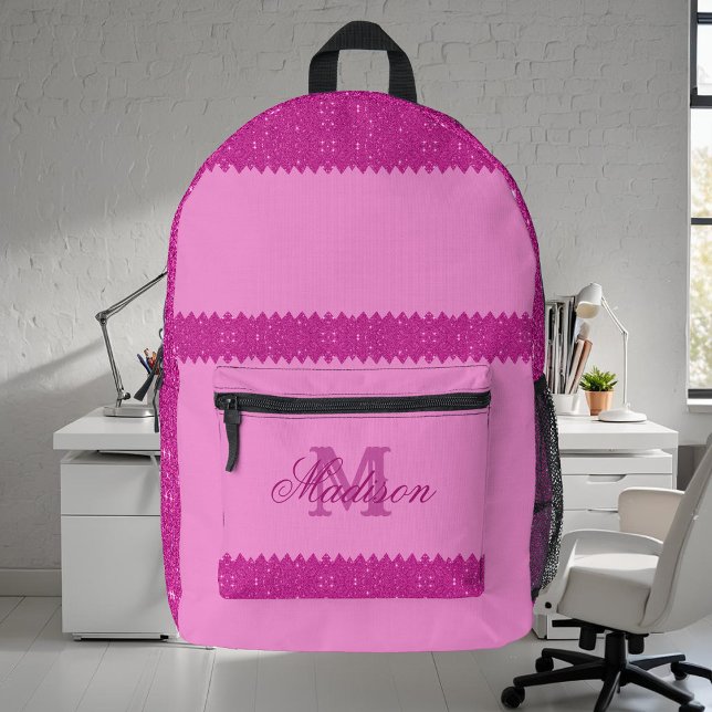 Girly pink glitter zigzag, monogram, custom printed backpack (Creator Uploaded)