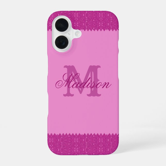 Girly pink glitter zigzag, monogram iPhone 16 case (Back)