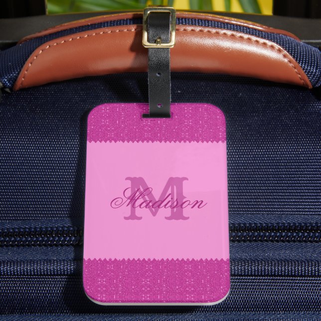 Girly pink glitter zigzag, monogram luggage tag (Front Insitu 2)