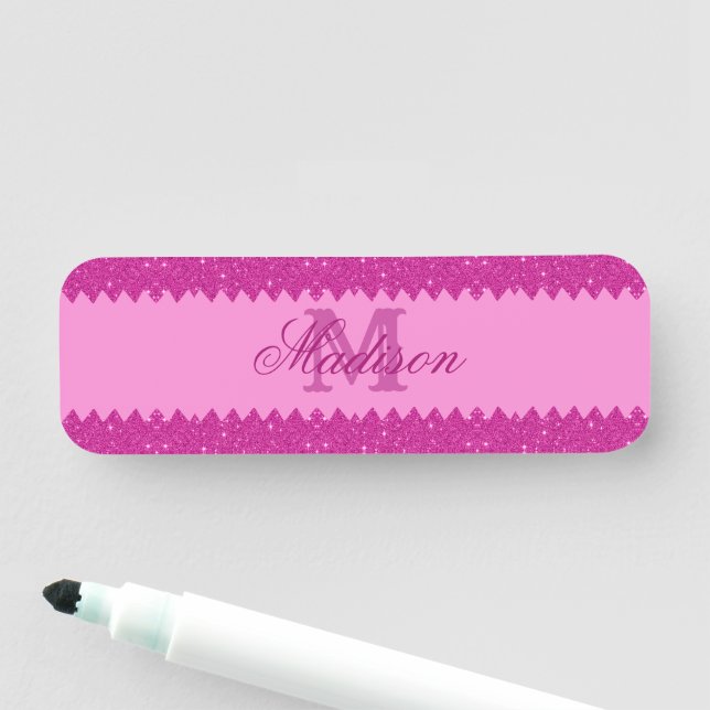 Girly pink glitter zigzag, monogram name tag (In Situ)