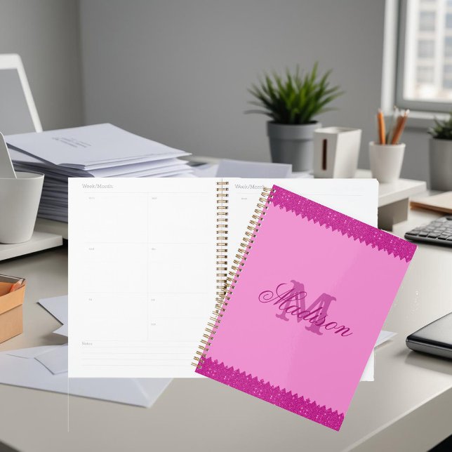 Girly pink glitter zigzag, monogram planner (Creator Uploaded)