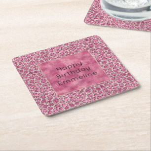 Girly Pink Glitzy Glam Glitter Leopard Print Square Paper Coaster