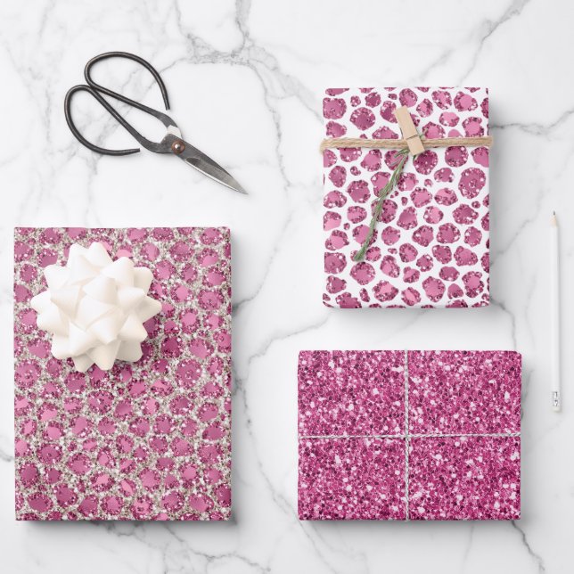 Girly Pink Glitzy Glam Glitter Leopard Print   Wrapping Paper Sheet (Front)
