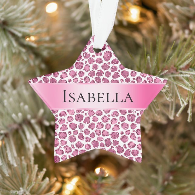 Girly Pink Glitzy Leopard Personalized Name Ornament (Tree)