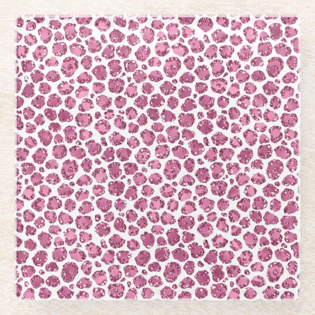 Girly Pink Glitzy Leopard Print Glass Coaster (Front)