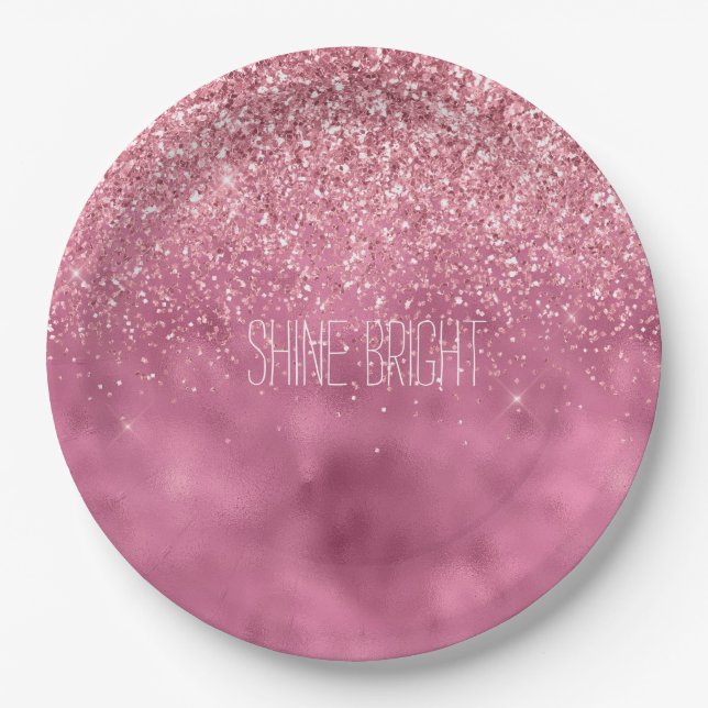 Girly Pink Glitzy Sparkle Glitter personalized Paper Plate (Front)
