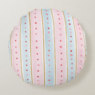 Girly Pink Gold Blue Stripes Round Pillow