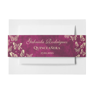 Girly Pink Gold Butterfly 15 Years Old Quinceañera Invitation Belly Band