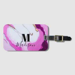 Girly pink gold drips white marble monogram luggage tag