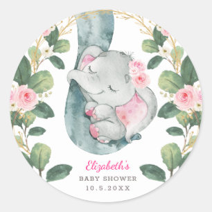 Girly Pink Gold Floral Baby Elephant Greenery Classic Round Sticker