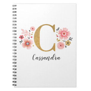 Girly Pink Gold Floral Monogram Letter C Notebook