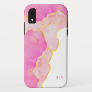 Girly Pink Gold Foil Marble Agate Monogram iPhone XR Case