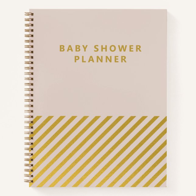 Girly Pink Gold Foil Stripes Baby Shower Planning Notebook (Front)