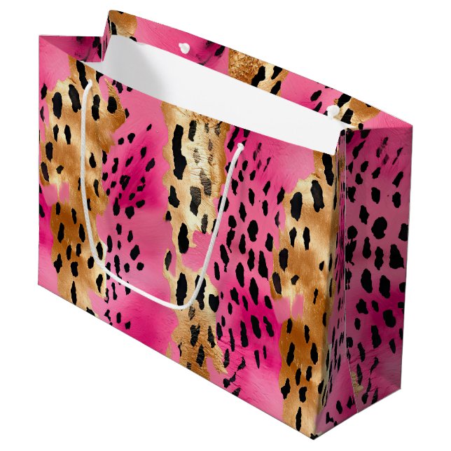 Girly Pink Gold Glam Leopard Print Abstract Large Gift Bag (Front Angled)