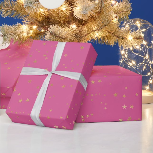 Girly Pink Gold Glam Stars Wrapping Paper (Holidays)