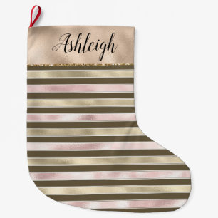Girly Pink Gold Glam Stripes Large Christmas Stocking