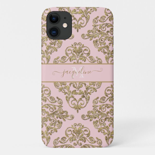 Girly Pink Gold Glitter Damask Monogrammed Name Case-Mate iPhone Case (Back)