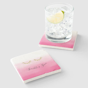 Girly Pink Gold Glitter Eyelashes  Stone Coaster